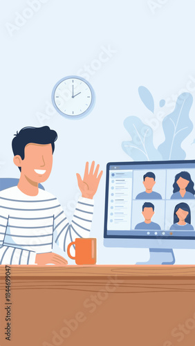 Smiling man participating in a virtual meeting, waving at computer screen