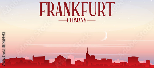 Red panoramic poster of the city skyline with misty background buildings, sunrise, moon and clouds of FRANKFURT, GERMANY