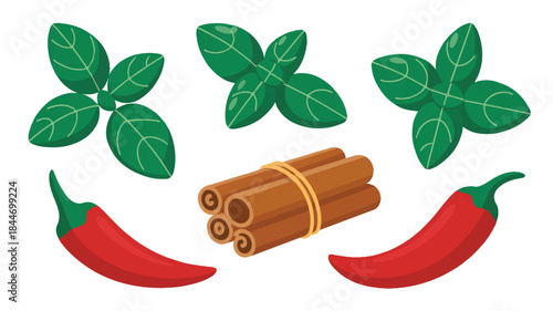 Spicy ingredients set with chili peppers and cinnamon sticks