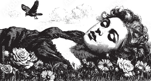 Illustration of a girl sleeping among flowers in a vintage style. A black and white vector illustration capturing beauty and elegance.