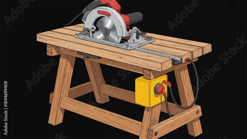 Table saw on wooden workbench with power outlet