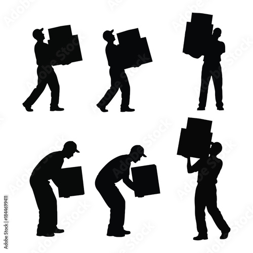 Silhouettes of people carrying boxes depicting various lifting poses