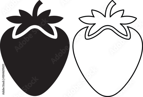 Minimalist black and white of two strawberries with leaves strawberry fruit
