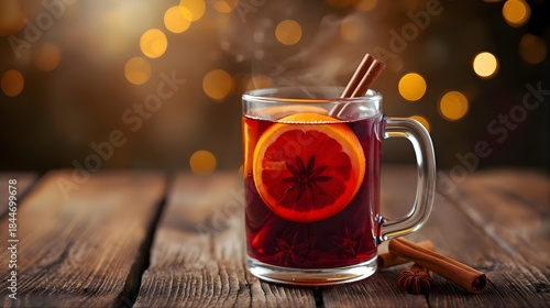 Warm Christmas Mulled Wine with Orange and Cinnamon on Rustic Wooden Table