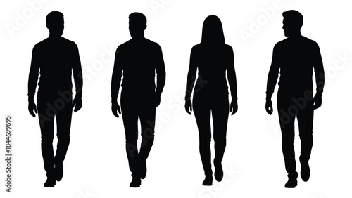 Four individuals walking forward depicted as dark shapes against a white backdrop silhouette