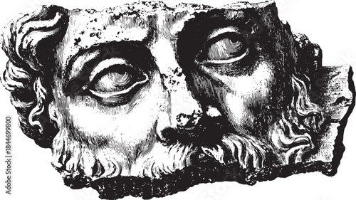 Ancient statue head, a realistic sculpture illustrating classical art. Grayscale vector illustration capturing historical detail in the set.