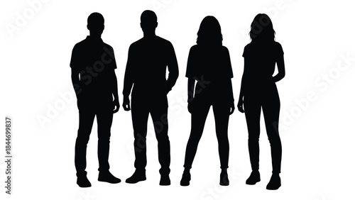 A group of five people standing closely together presented in a striking black silhouette