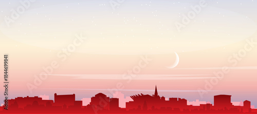 Red panoramic poster of the city skyline with misty background buildings, sunrise, moon and clouds of BREMEN, GERMANY