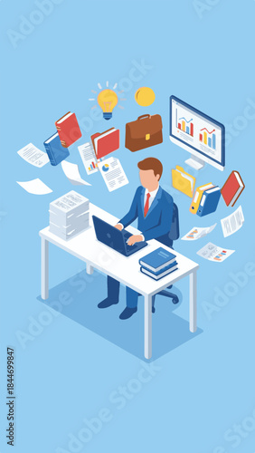 Isometric Businessman Working on Laptop with Flying Business Elements