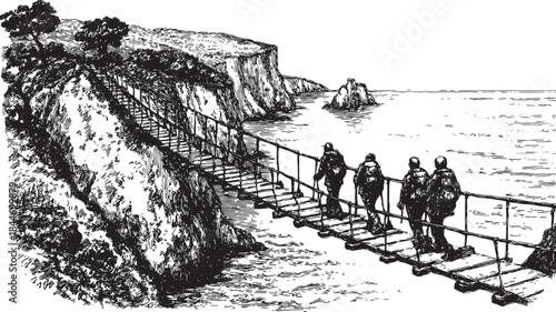 Silhouette of hikers crossing a bridge in a scenic landscape. Black and white vector illustration depicting an outdoor adventure set in nature.
