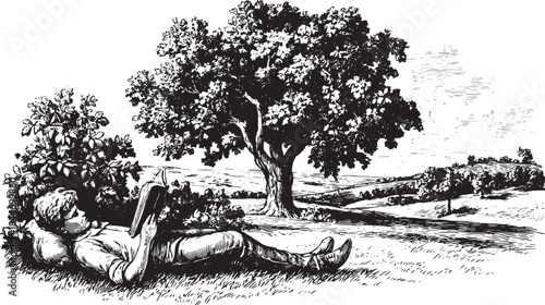 A boy reading a book under a tree in a natural landscape. Black and white vector illustration depicting a peaceful outdoor scene.