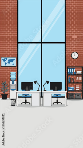 Modern open plan office interior with two desks, computers, and a large window
