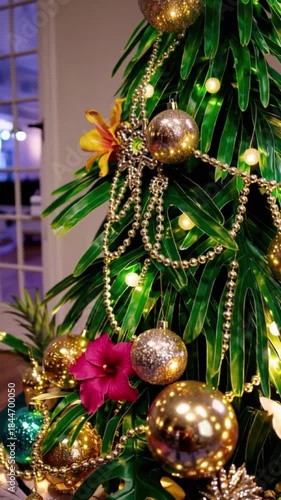 New Year Palm Tree with Colorful Ornaments: Festive Holiday Vibes by the Beach