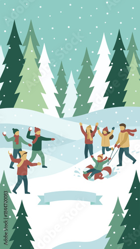 Happy people playing in snow, having winter fun with snowball fight and sledding