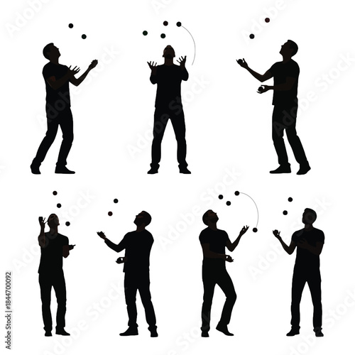 Silhouette of a juggler performing a sequence of ball tossing motions