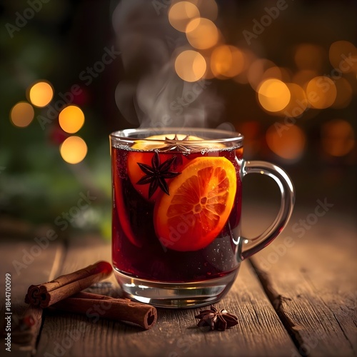 Festive Mulled Wine with Orange Slice and Star Anise in Cozy Holiday Light