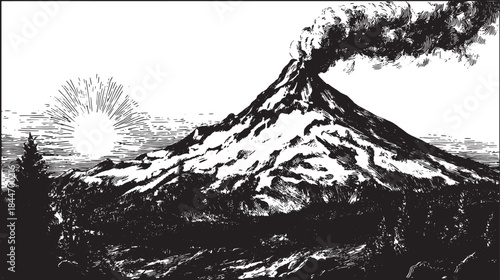 Volcano silhouette erupting against a black and white landscape. Snow covers the mountain peak in this vintage vector illustration set.