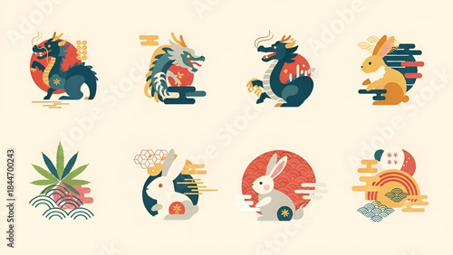 Colorful chinese zodiac animals illustrations