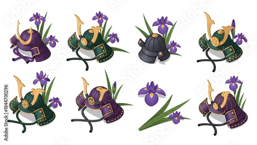 Colorful samurai helmets with purple flowers