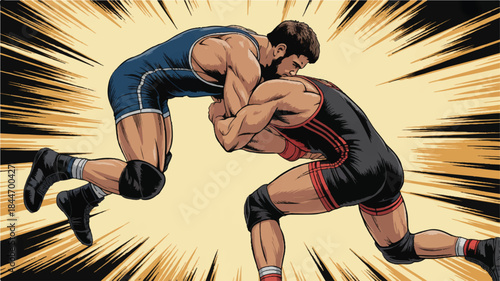 Two wrestlers in action pose