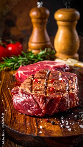 Two grilled beef steaks on a wooden board, with seasonings