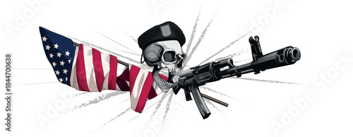 An angry, emotional warrior skull in a beret with a US flag and an AK assault rifle in the background.