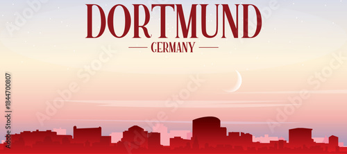 Red panoramic poster of the city skyline with misty background buildings, sunrise, moon and clouds of DORTMUND, GERMANY