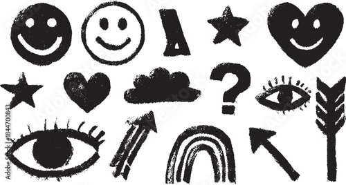 Collection of hand-drawn doodle icons including smiles, hearts, stars, and rainbows in a vector illustration set against a white background.