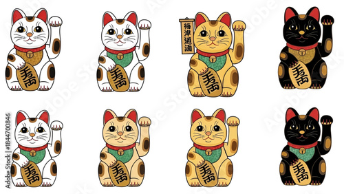 Lucky cat figurines in various colors and styles