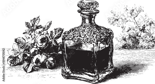 Vintage perfume bottle surrounded by flowers in an intricate black illustration. This elegant design creates a decorative vector set.