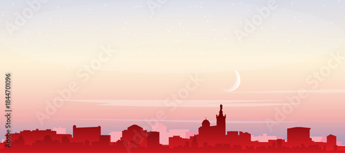 Red panoramic poster of the city skyline with misty background buildings, sunrise, moon and clouds of MARSEILLE, FRANCE