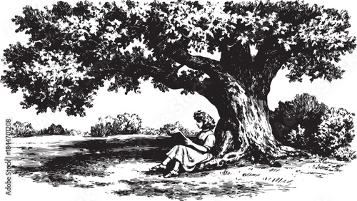Tree silhouette with a girl reading a book in the shade. Vintage black and white vector illustration of a calm outdoor scene.