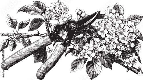 Pruners on a branch with flowers and leaves. Vintage botanical illustration, showcasing details of nature in black and white vector art.