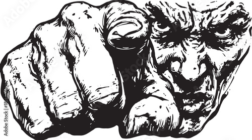 A closeup hand illustration pointing with bold lines and clear contours. This black and white vector illustration emphasizes a strong human gesture.