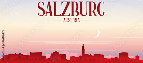 Red panoramic poster of the city skyline with misty background buildings, sunrise, moon and clouds of SALZBURG, AUSTRIA