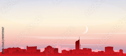 Red panoramic poster of the city skyline with misty background buildings, sunrise, moon and clouds of VIENNA, AUSTRIA