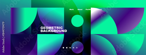 Abstract geometric background. Vibrant colors blend, creating dynamic visual experience. Text elements present navigation options.