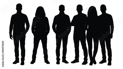A group of six people standing together displayed as a striking black silhouette