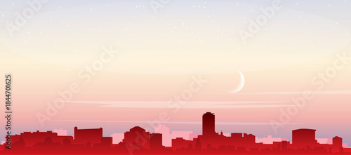 Red panoramic poster of the city skyline with misty background buildings, sunrise, moon and clouds of DUBLIN, IRELAND
