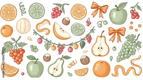 Vibrant fruit illustration set with bow elements