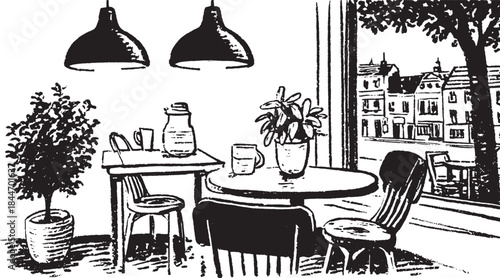 Interior room with a table, chairs, and hanging lamps. A potted plant complements this modern vector illustration set.