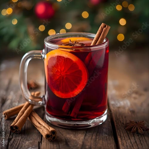 Warm Mulled Wine with Cinnamon and Orange on Rustic Wooden Table