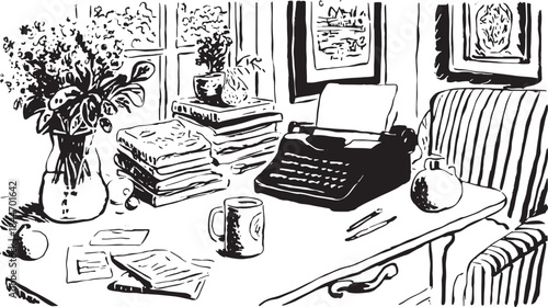 Desk with a typewriter, books, and a vase of flowers. Simple black and white vector illustration depicting a cozy living room set.