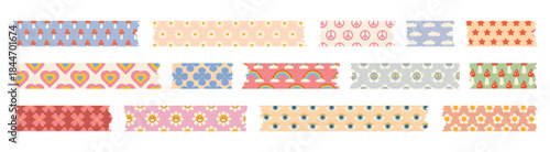 Washi tape stripes set. Vector adhesive tapes with groovy trippy elements. Trendy colored decorative scotch tape with ragged edges. Perfect for scrapbooking, collages, stickers