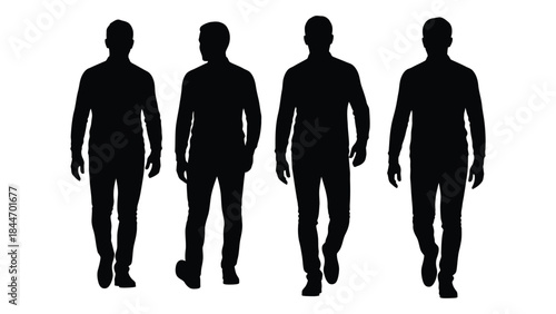 Four men walking forward depicted as striking black shapes against a plain background silhouette