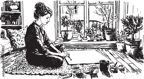 Artist drawing on canvas in a cozy indoor space. Surrounded by plants and natural light, this black and white vector illustration captures a creative moment.