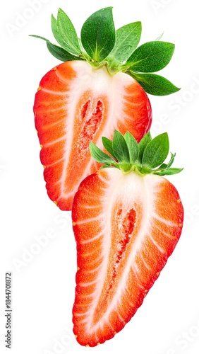 Two halves of a juicy red strawberry, with vibrant green leaves