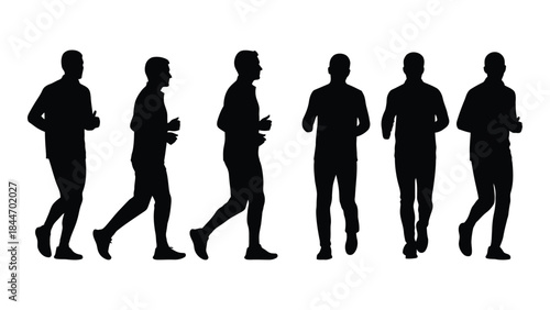 A series of black silhouettes depicting men running in various poses showing motion silhouette