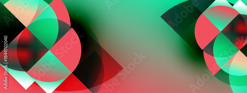 Abstract composition features overlapping circles. Colors blendreds, greens, blacks create dynamic visual effect. Gradient background provides contrast.
