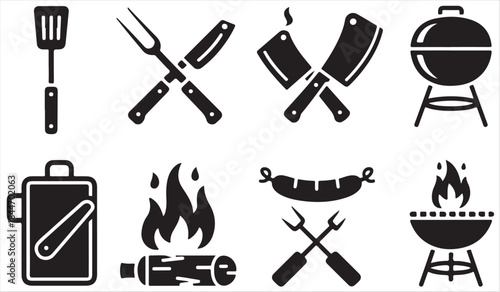 Barbecue and grilling icon set with tools fire and food